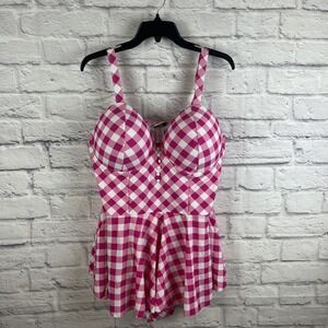 Unique Vintage NWT Pink Gingham One Piece Flattering Peplum Swimdress Size 3X